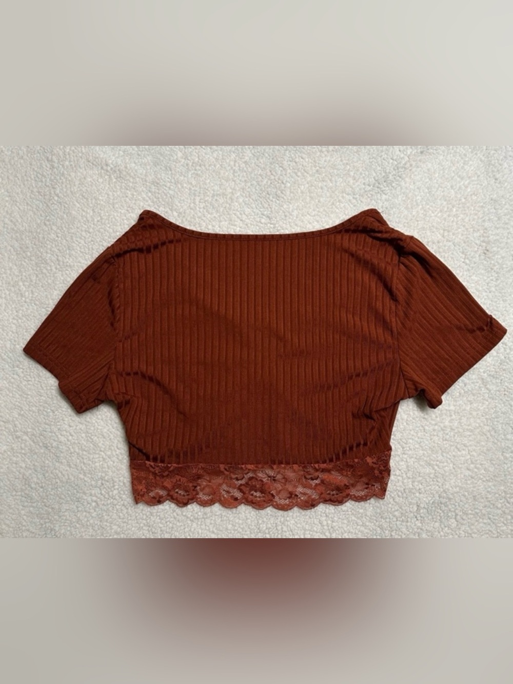 Large Women’s Orange Rust Ribbed Lace-Trim V-Neck Crop Top, Like New Shein - Picture 5 of 5